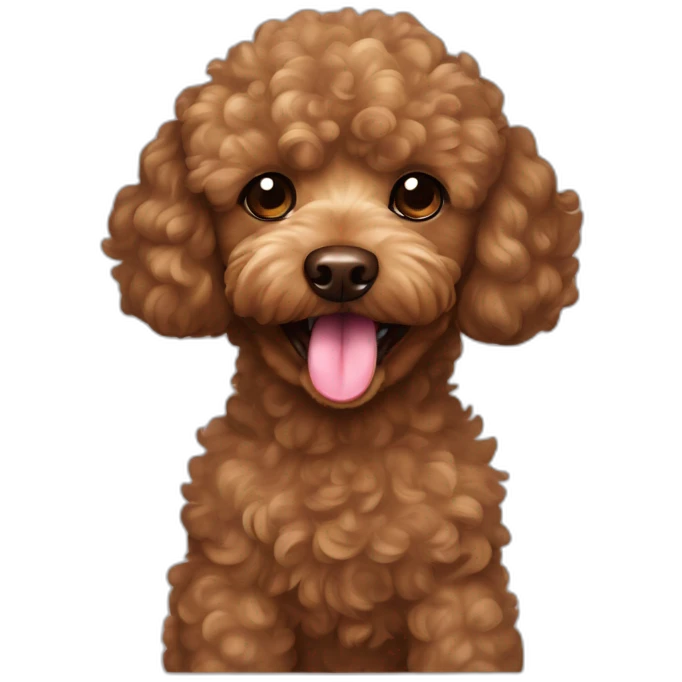 Head of a curly brown toy poodle with tongue out emoji