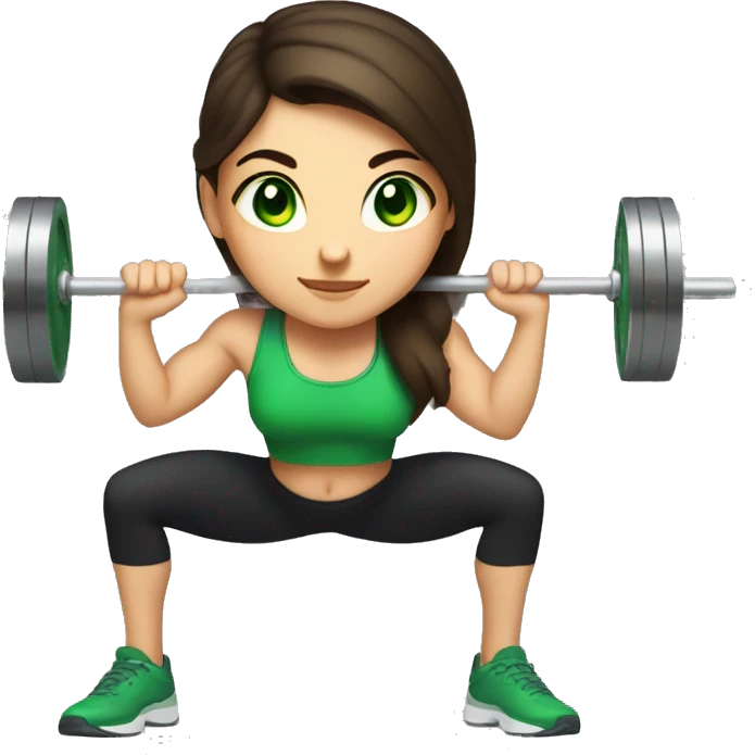 Brunette girl with green eyes squatting with a barbell emoji
