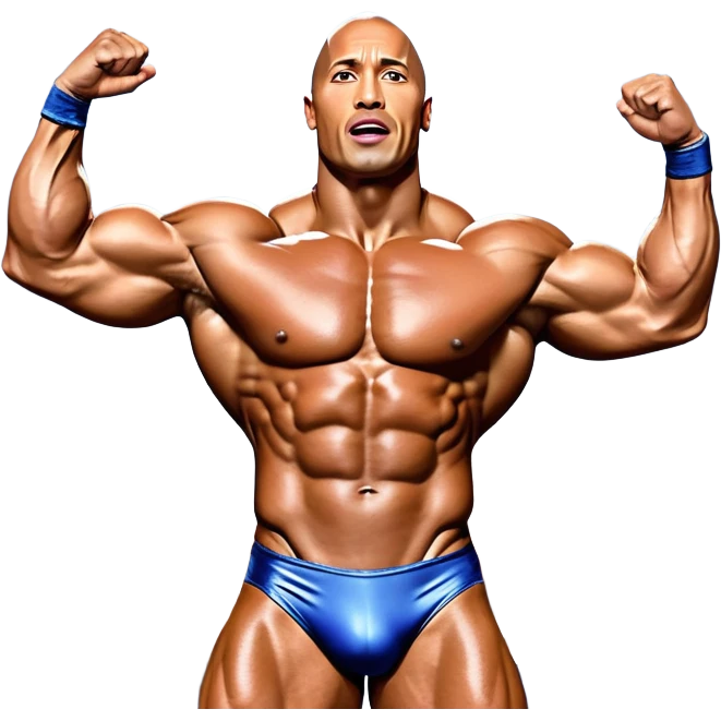 Dwayne 'The Rock' Johnson, covered in oil, striking a powerful pose on stage at the Mr. Universe bodybuilding championship. His muscles are clearly defined, exuding strength and charisma. The backdrop features a professional stage with judges and a cheering audience. Transparent background. emoji