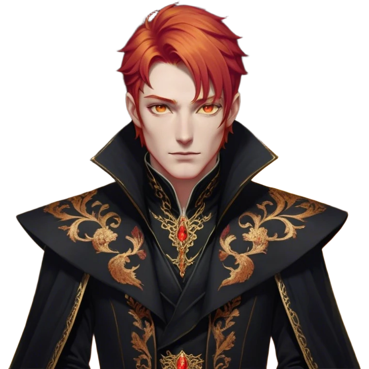 A tall and strikingly elegant High Fae male with fiery red hair, his golden eyes gleaming with cunning intelligence. He wears a luxurious black coat trimmed with copper embroidery, the fabric lined with fine gold stitching. His posture is relaxed yet calculated, his expression unreadable—except for the ghost of an arrogant smirk playing at his lips emoji