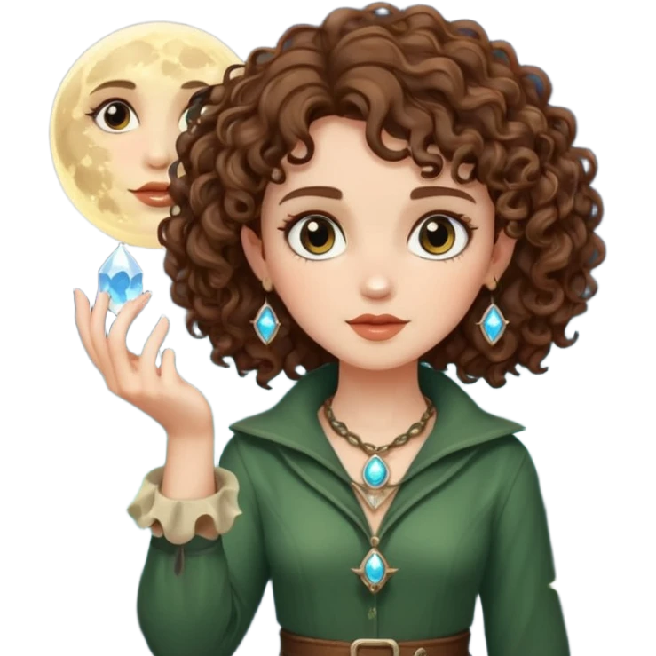forest rogue woman short tight curly brown hair holding moon crystal emoji