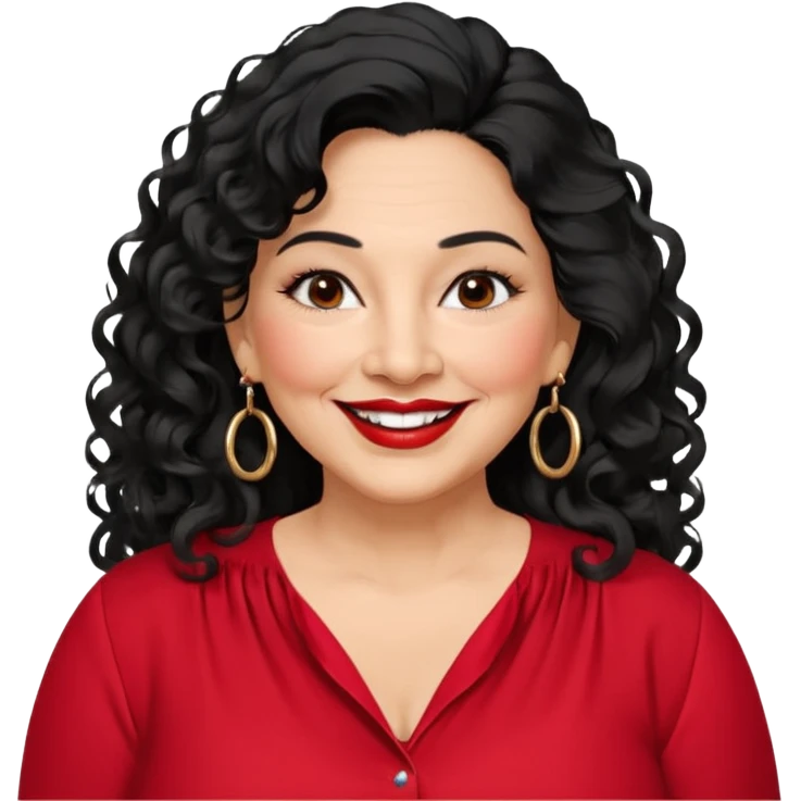 60 yr old Mexican woman, slightly chubby, wavy/curly long black hair, red lipstick, big smile, white teeth, brown eyes, hoop earings, side part to hair, round face, nice blouse, no wrinkle hair side swept, big hoop earing emoji
