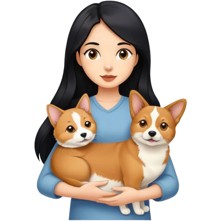 The girl with long black hair holding a corgi and a Abyssinian cat emoji