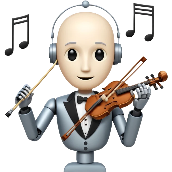 robot a sophisticated and elegant emoji that represents orchestration and arrangement. The design should feature a conductor’s baton, musical notes, and a symphonic score, symbolizing the process of arranging and orchestrating music. Incorporate instruments like a violin, trumpet, emoji