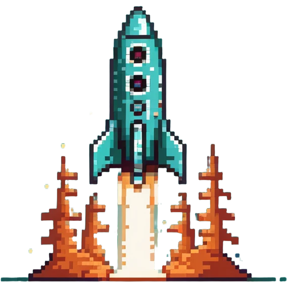 robotic teal spaceship launching to the right with rocket flames emoji