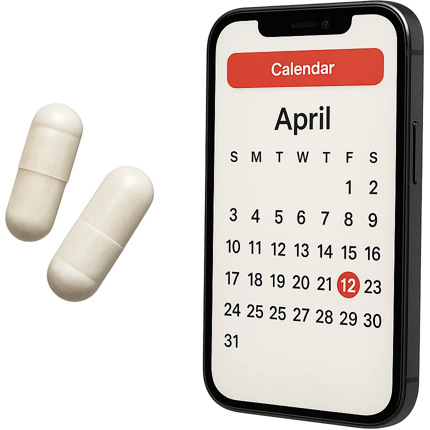 DUE BOCCETTE DI INTEGRATORI BIANCHE FLUTTUANO IN ARIA INSIEME AD UN CALENDARIO IN STILE EMOJI IPHONE, IPERREALISTICA 4K emoji