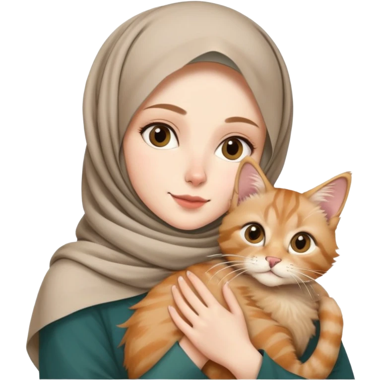 White girl wearing hijab holding nude mainecoon cat emoji