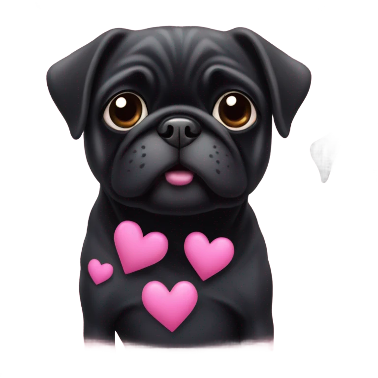 Black pug surrounded by pink hearts emoji