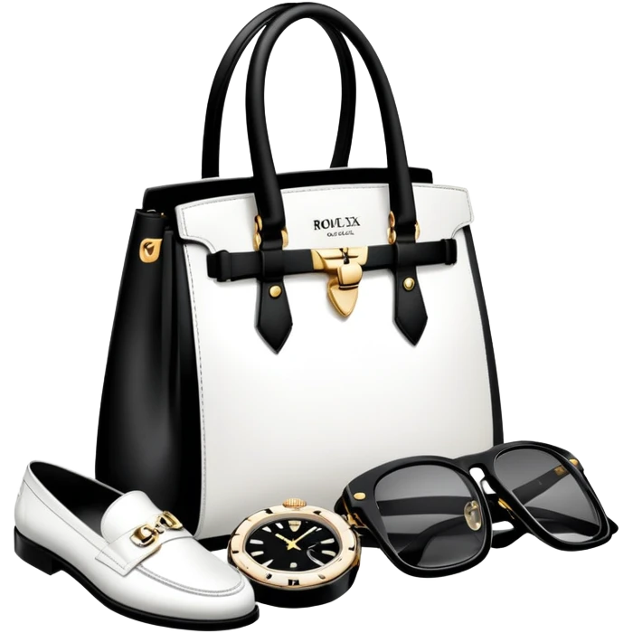 all BLACK AND WHITE 1 bag, and 1 glasses, 1 pair of shoes, and 1 watch rolex, all BLACK AND WHITE, and all luxury items like lv and prada, and rolex, and balenciaga emoji