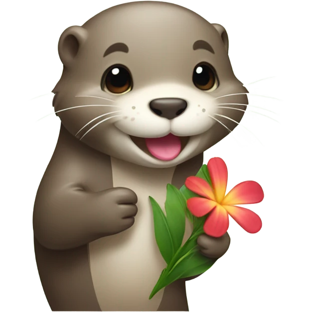 A happy and cute otter face with a Hawaiian flower-shaped pin, holding a heart in its hand. emoji