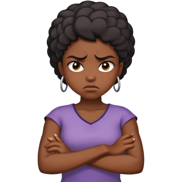 Angry Black girl with dark skin and crossed arms, frowning face emoji