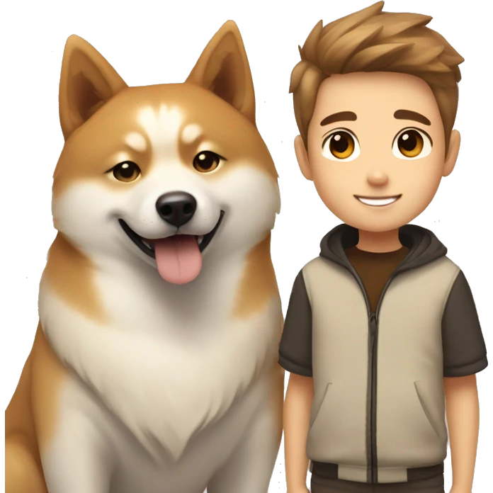 Light brown hairs boy with brown eyes and wide brows 12 years smiling together with dog shiba inu  emoji