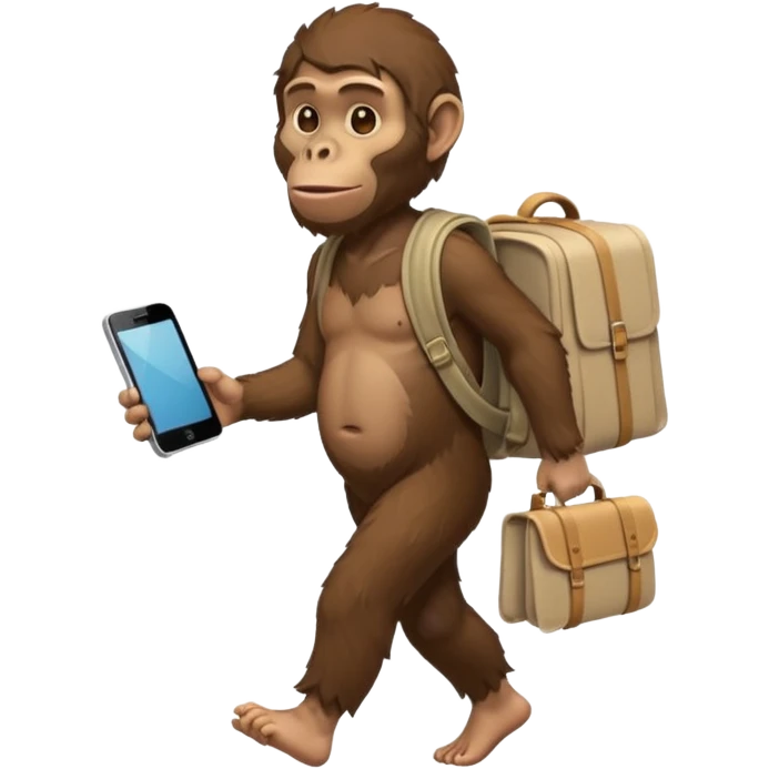 Draw an Australopithecus walking like a nomad, carrying a cloth bundle on its back and holding an iPhone and a laptop, in a cute flat iPhone emoji style. emoji