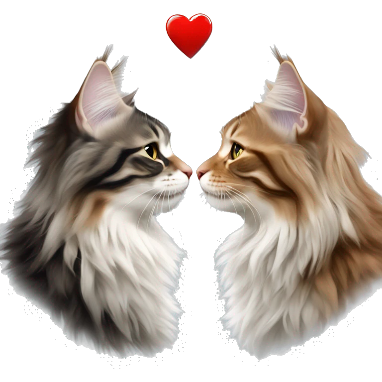 Two Maine coons of different colours kissing with a love heart  emoji