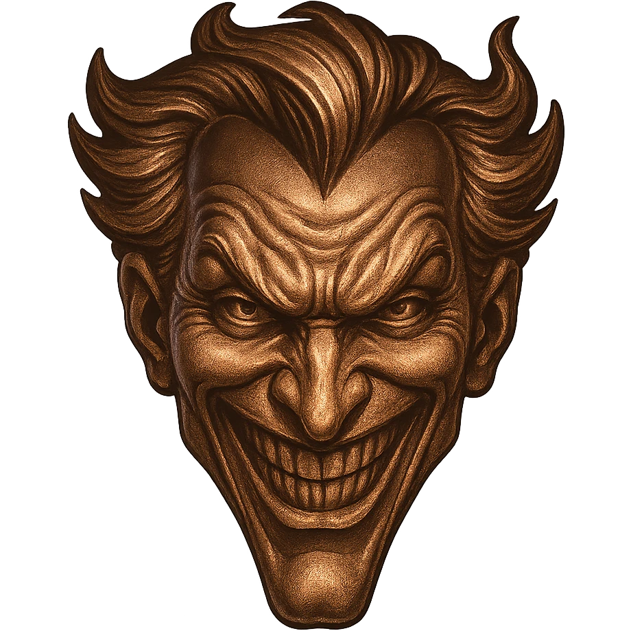 joker face with bronze metallic effect, mischievous grin, stylized emoji