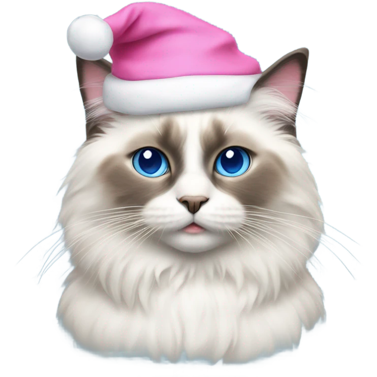 Realistic ragdoll cat with blue eyes wearing pink Santa hat emoji