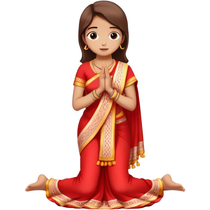 Full body Bengali girl wearing traditional red and white saree with hands joined in prayer position emoji
