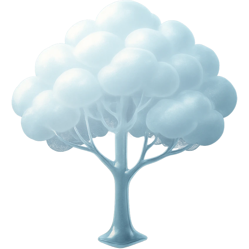 one tree with many branches and a white trunk, crown made of small very bright white fluffy convex clouds, matte glass style emoji