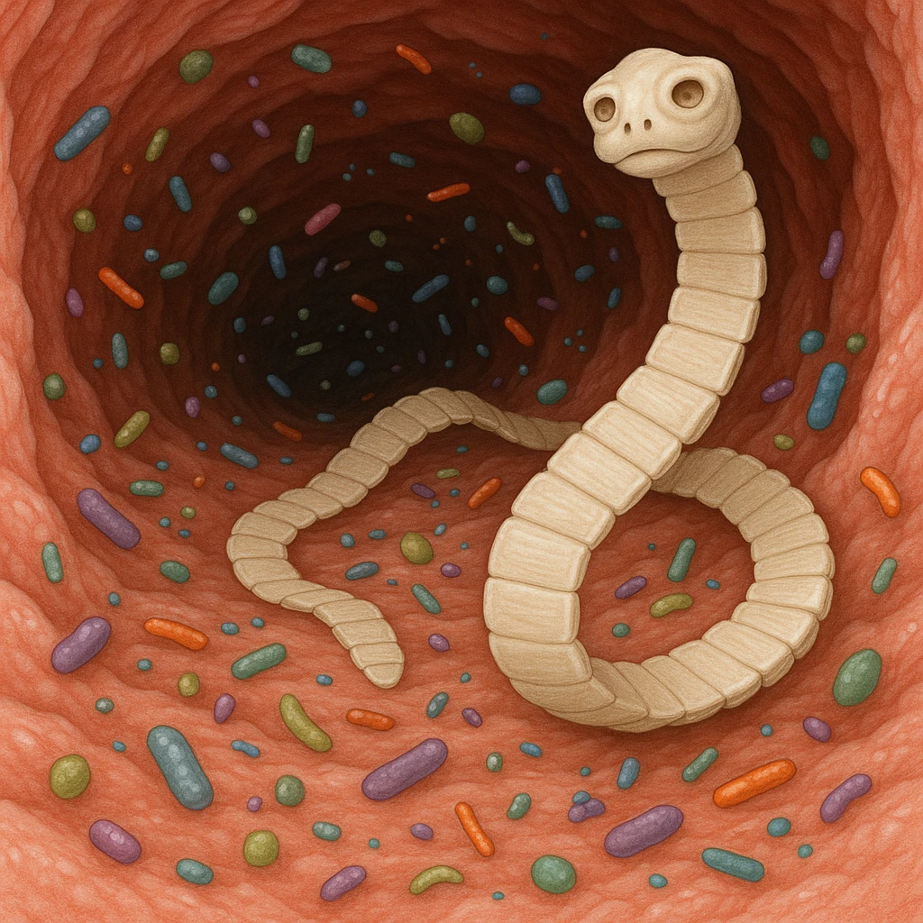 a medical illustration of a human realistic gut with bacteria and parasyte (tenia) emoji