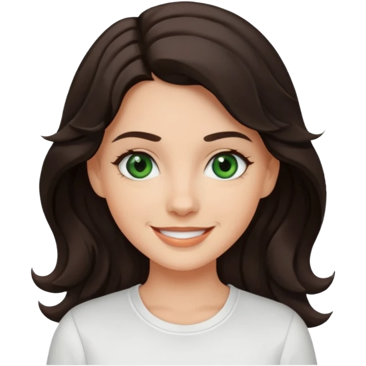 A White girl with wavy and dark hair, dark green eyes and a white shirt smiling emoji