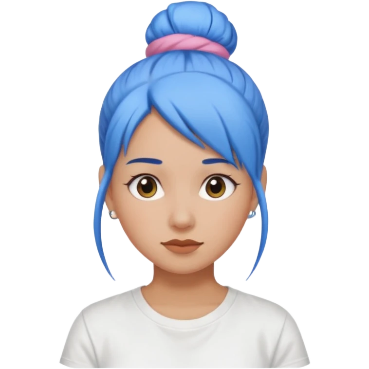 a woman with blue one bun hair, wearing white t-shirt emoji
