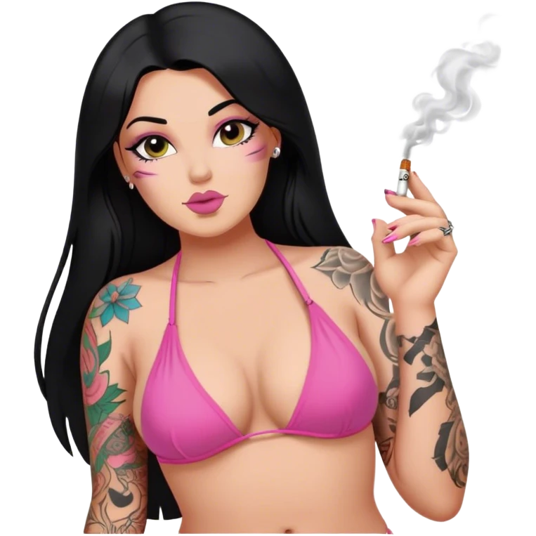 caucasian curvy girl, with tattoos, in pink bikini, smoking, with a long straight black hair  emoji