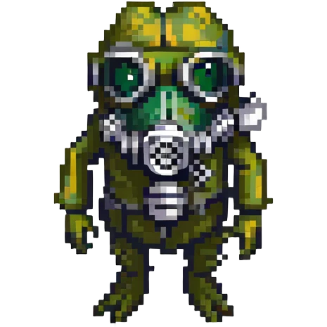 a frog wearing a gas mask, lurking in the shadows like a stalker emoji