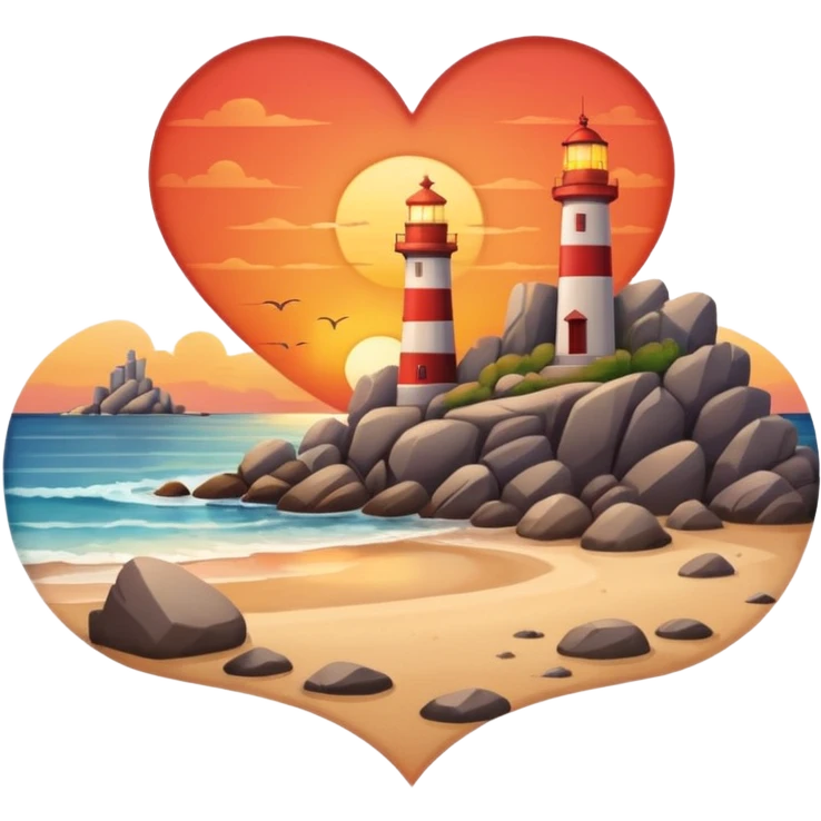 A heart that has a sunset over a beach in it, with a lighthouse and rocks. emoji