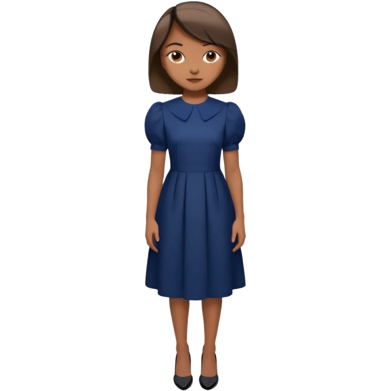Menina pele parda, cabelo liso médio curto, roupa modesta, vestido azul marinho a baixo do joelho manga bufante pequeno,  salto preto emoji