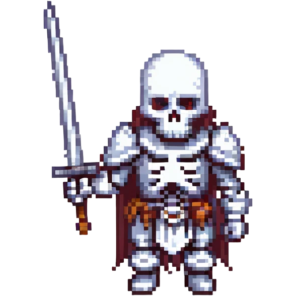skeleton in armor with a sword, pixel art style emoji