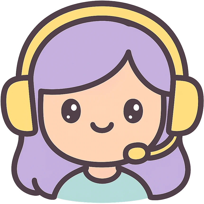 adorable streamer girl emoji, purple hair, yellow headset, smiling, pastel colors, cute style emoji