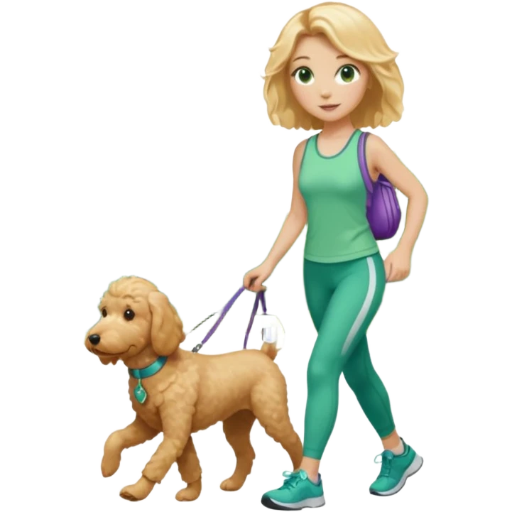 Girl with shoulder length, blonde hair, green eyes, and fitness clothes, walking a golden doodle emoji