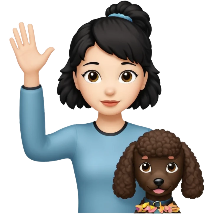 Ponytail black hair girl with brown Poodle say goodbye  emoji