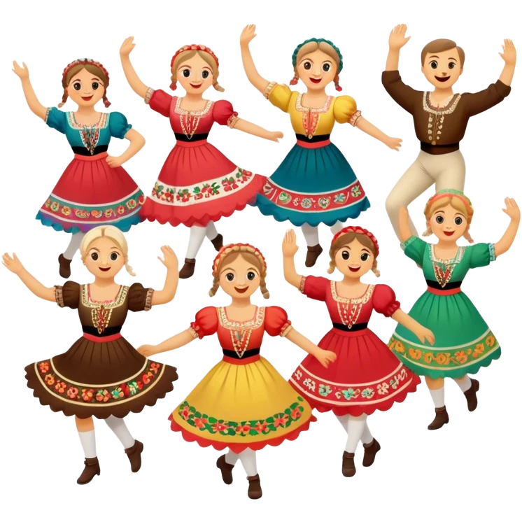Cinematic Realistic Mazurka Dance Emoji, depicted as a lively traditional Polish folk dance scene with colorful costumes and spirited movement, rendered with dynamic textures and vibrant festive lighting that captures its rhythmic energy. emoji