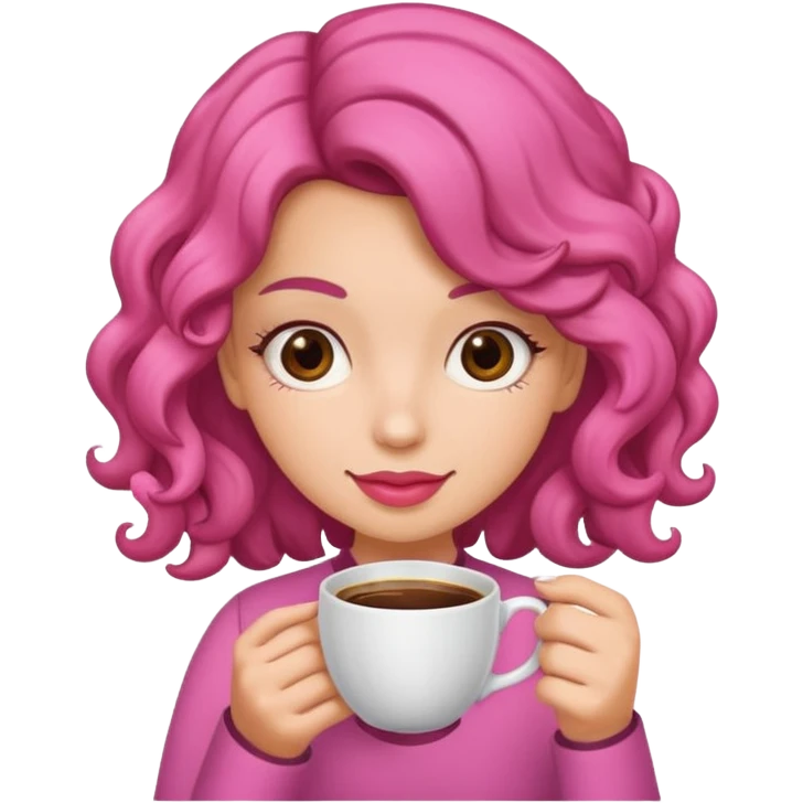 Crea una chica rizada con una taza rosa de café emoji