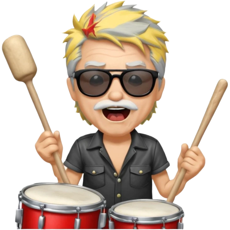 old rocker drummer singing, wild hair, sunglasses, holding drumsticks, open mouth, expressive, energetic emoji