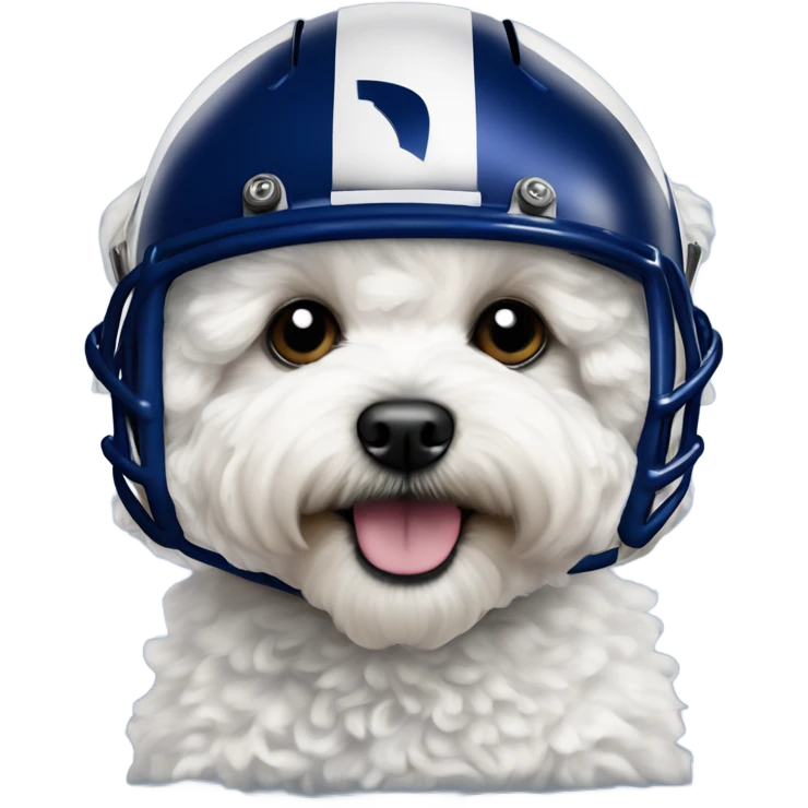 White fluffy maltipoo wearing LA Rams football helmet royal blue emoji
