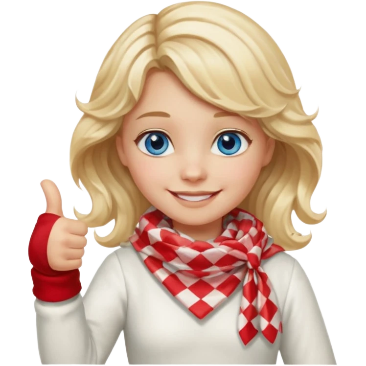 Blonde Girl Model, Blue Eyes, wavy hair, smiling, thumbs up, wearing red Checkered Triangle scarf, white dress emoji