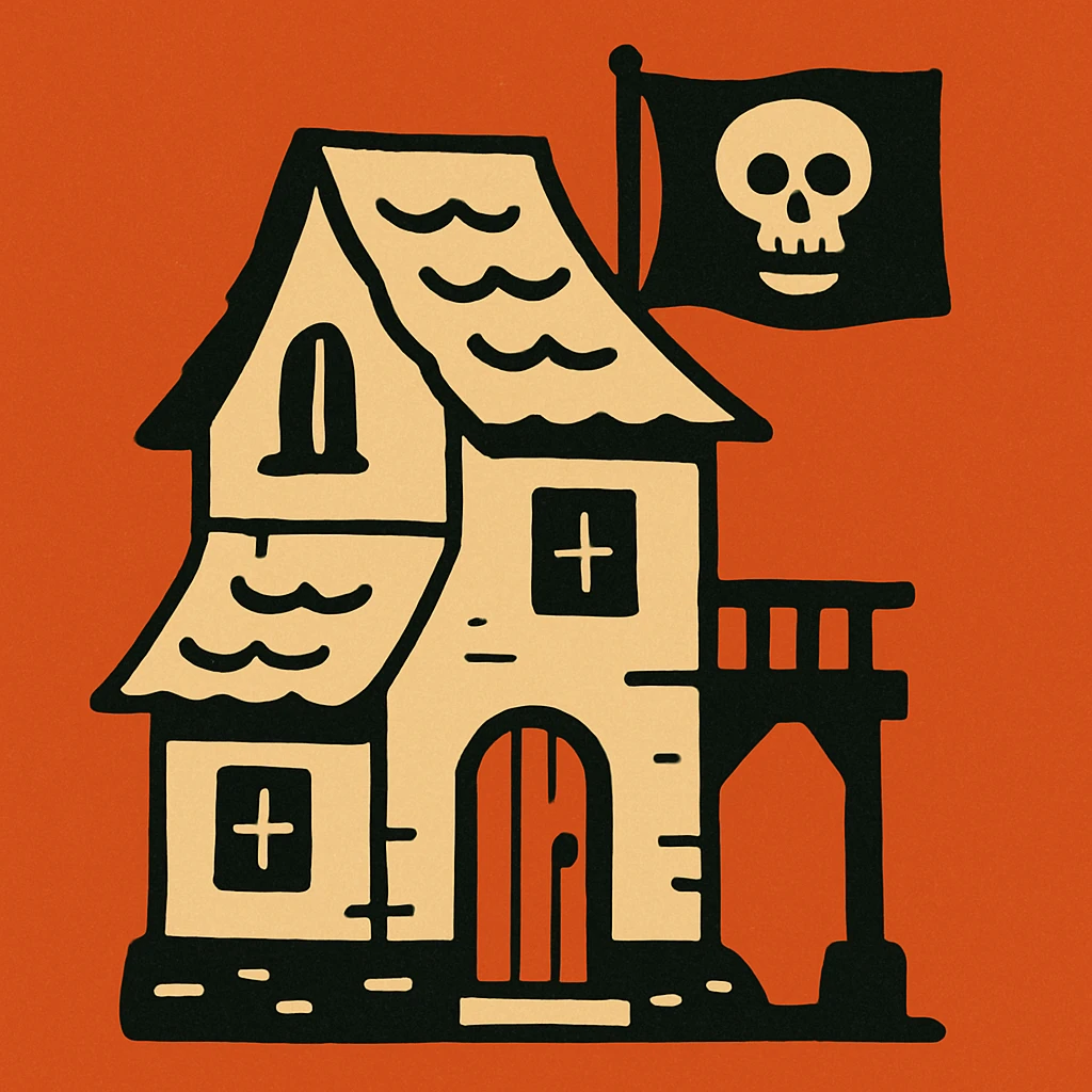 old pirate's house with skull flag emoji