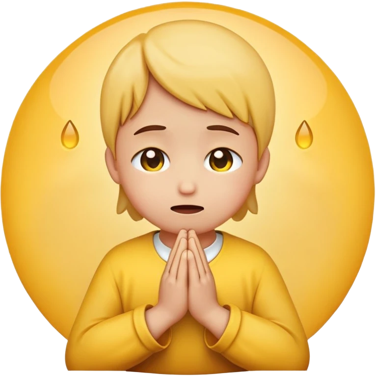 Yellow round emoji looking upwards with teary eyes and hands clasped praying emoji