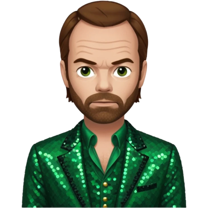 Hugo Weaving with brown hair, dark green sequin outfit emoji