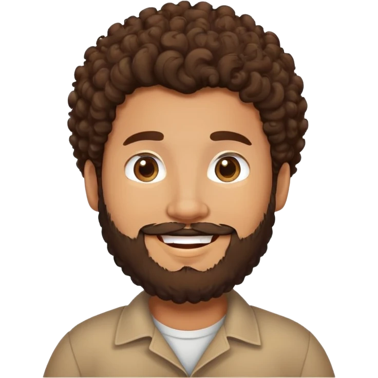 tan guy with brown and black curly hair, beard, chubby face, smiling emoji