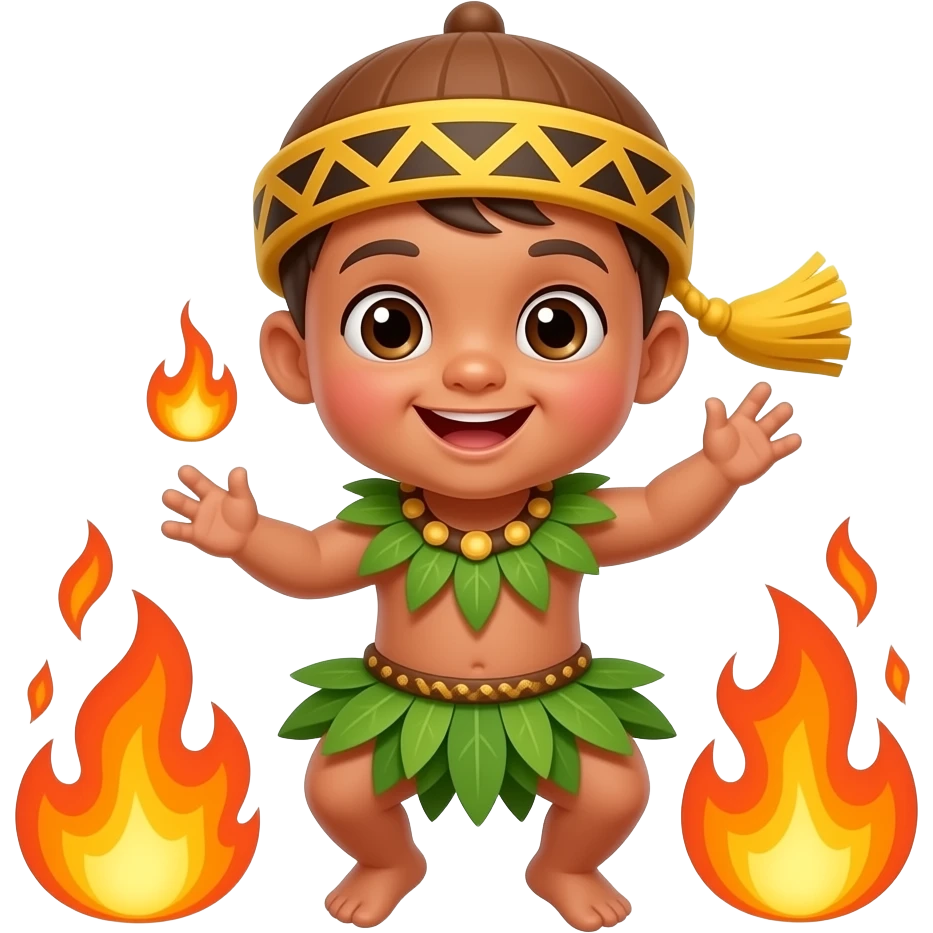 Keep this but change the hat to a menehune hat with yellow tassel, maybe make the baby look more adventurous dancing with fire lookup menehune hat and use more accurate version emoji
