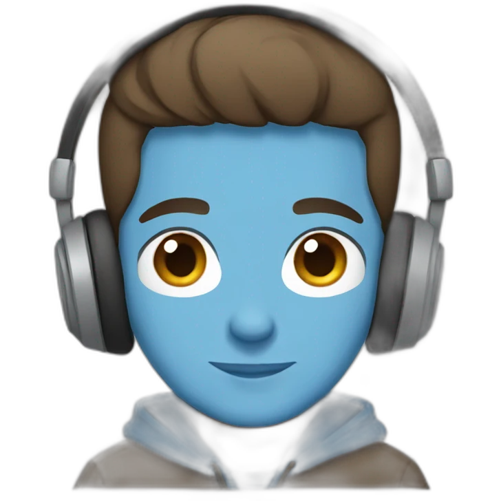 male, brown hair, brown eyes, headphones, blue hoodie, straight face emoji