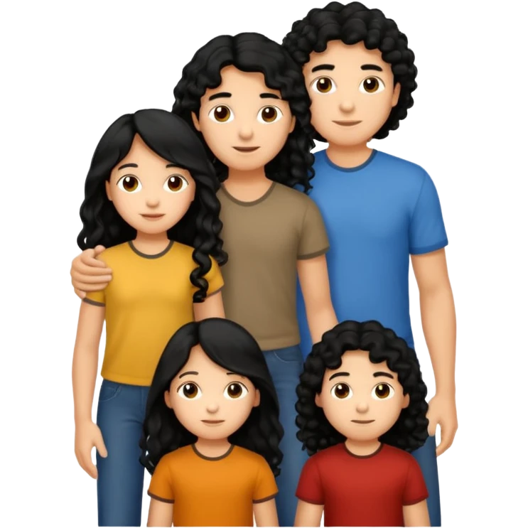 Hispanic family of 5: mom with long hair, dad with curly hair, 9-year-old boy, 6-year-old girl with long hair, and 6-year-old boy twins emoji