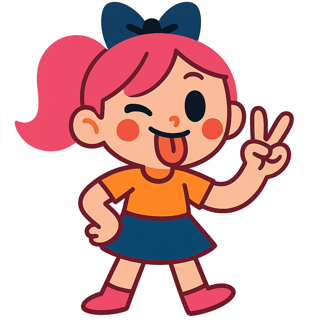 girly character sticking tongue out and showing peace hand sign, playful, cute, vibrant colors emoji
