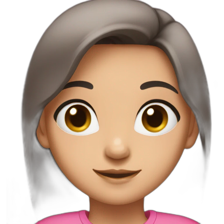A Girl with black hair and brown eyes with smile and she wair pink shirt emoji