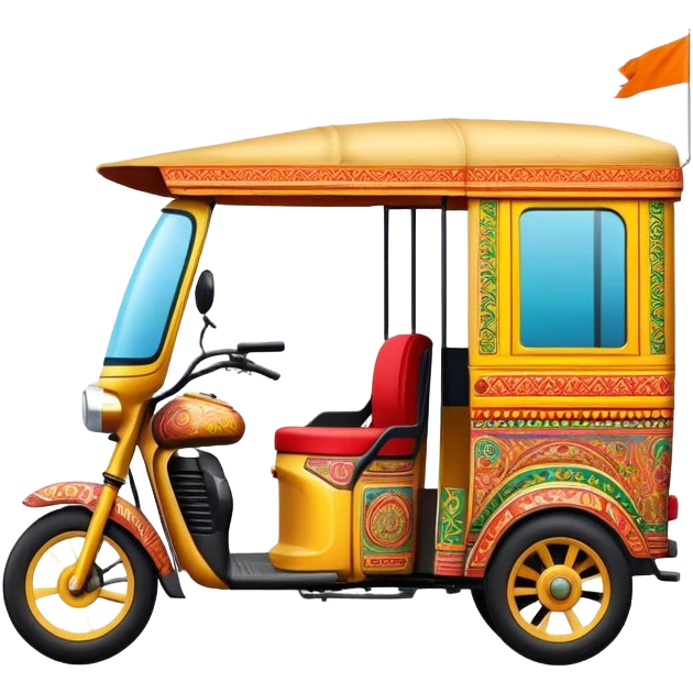 Cinematic Realistic Indian Auto Rickshaw Emoji, depicted as a colorful, bustling auto rickshaw with intricate designs and vibrant hues, rendered with lively textures and dynamic urban lighting that captures its quintessential presence in Indian cities. emoji