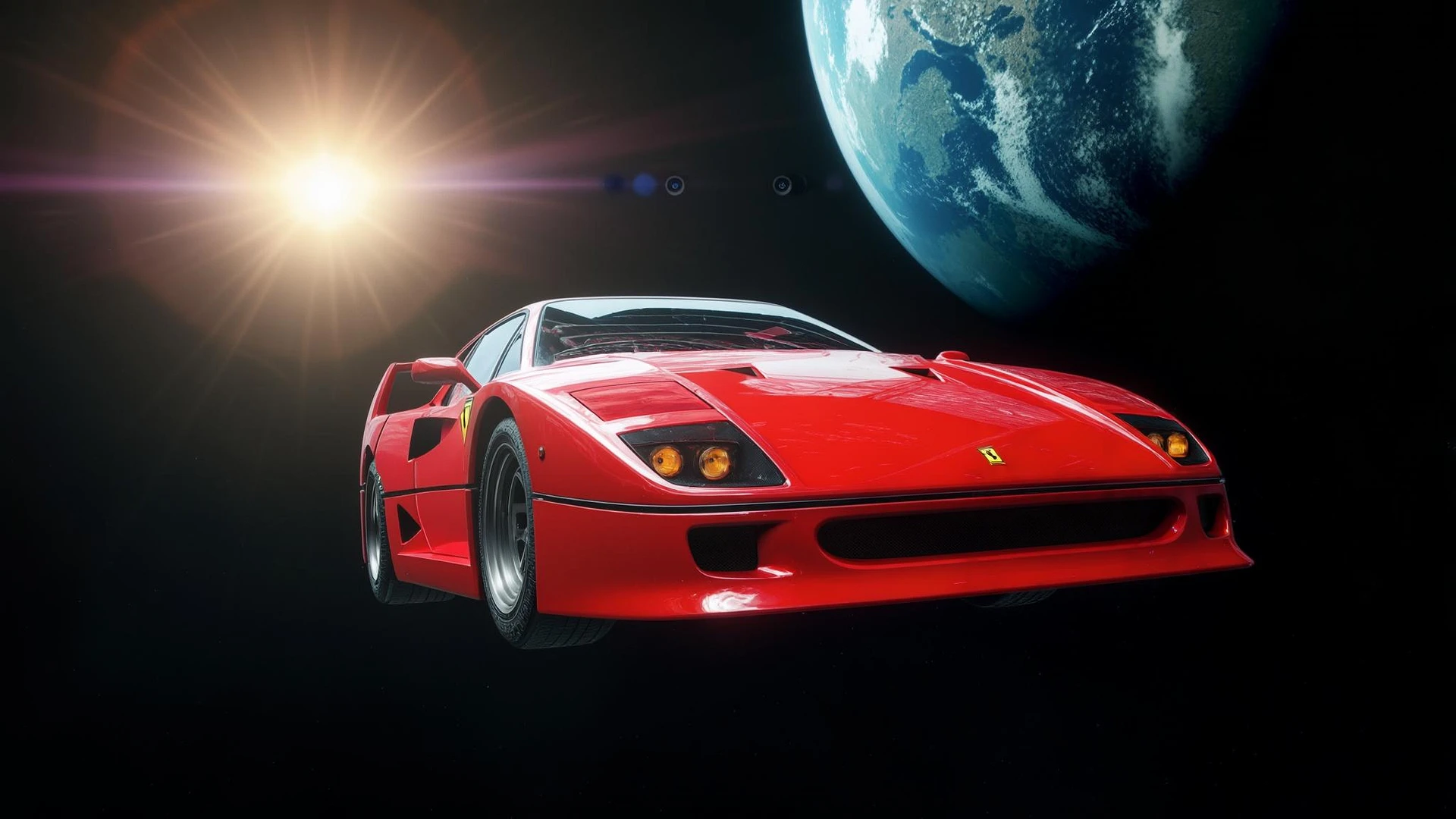 Cinematic still of a ferrari f40 floating in space, shot by space camera connect to spaceship, sun flare, big earth in background, captured by gopro emoji