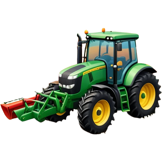 An icon representing a Farming Simulator 22, with a detailed tractor, plowing fields under a bright sky with a colorful rural landscape. The design includes farming tools, crops and barns, symbolizing the immersive experience of managing a farm. Transparent background. emoji